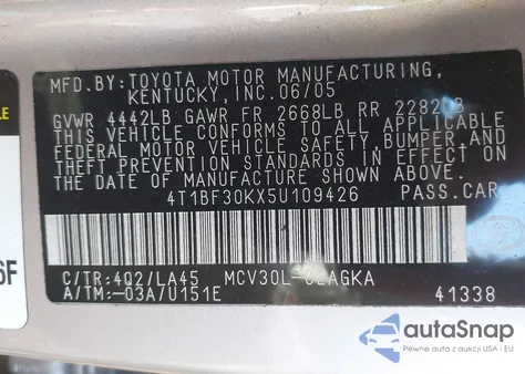 2005 Toyota Camry Xle V6 z USA, uszkodzony, nr VIN 4T1BF30KX5U109426